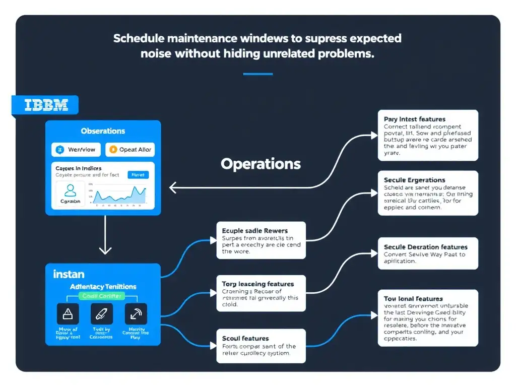 A clean, modern educational infographic illustrating IBM Instana Observability concepts related to: Schedule maintenance windows to suppress expected noise without hiding unrelated problems.. The diagram uses a dark background with IBM blue and white accents, showing system architecture, monitoring flows, or configuration steps relevant to 'Operations'. Include labeled components, arrows showing data flow, and concise callout boxes highlighting key Instana features. Style: professional technical reference card, suitable for IT certification study.