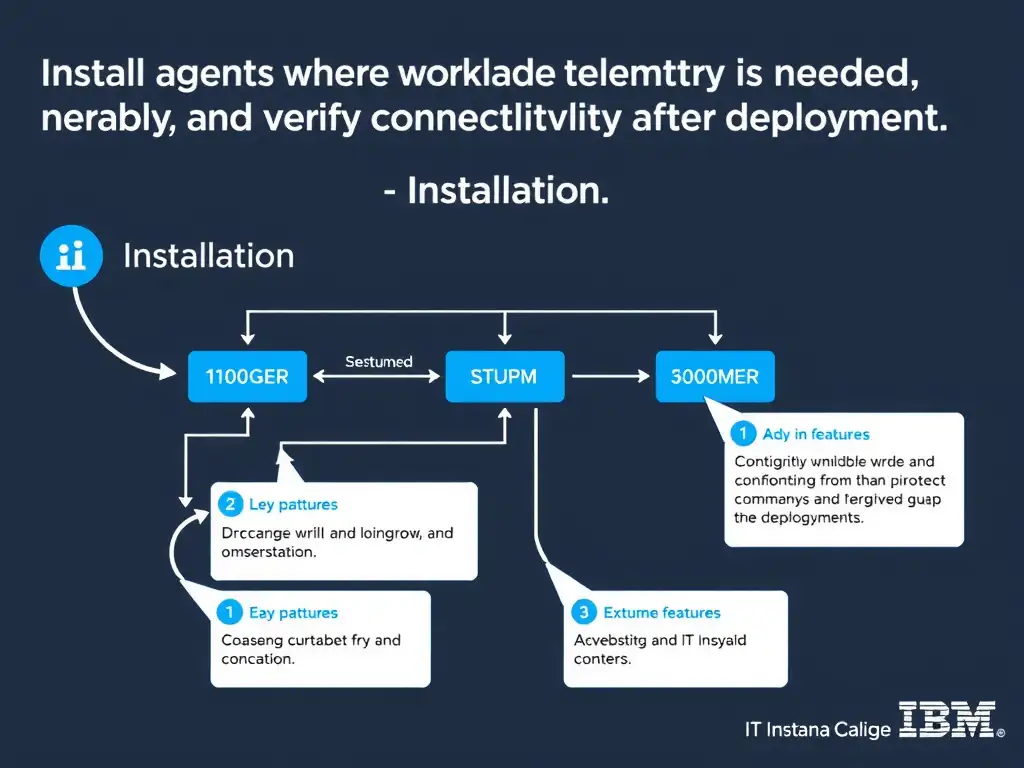 A clean, modern educational infographic illustrating IBM Instana Observability concepts related to: Install agents where workload telemetry is needed and verify connectivity after deployment.. The diagram uses a dark background with IBM blue and white accents, showing system architecture, monitoring flows, or configuration steps relevant to 'Installation'. Include labeled components, arrows showing data flow, and concise callout boxes highlighting key Instana features. Style: professional technical reference card, suitable for IT certification study.