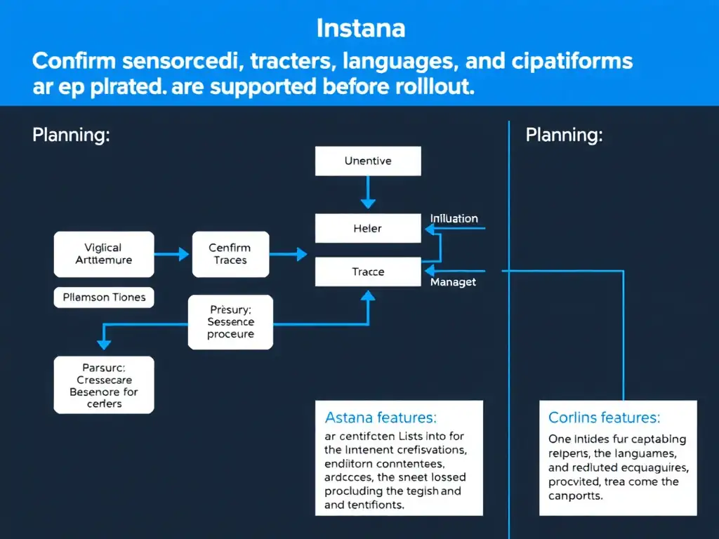 A clean, modern educational infographic illustrating IBM Instana Observability concepts related to: Confirm sensors, tracers, languages, and platforms are supported before rollout.. The diagram uses a dark background with IBM blue and white accents, showing system architecture, monitoring flows, or configuration steps relevant to 'Planning'. Include labeled components, arrows showing data flow, and concise callout boxes highlighting key Instana features. Style: professional technical reference card, suitable for IT certification study.