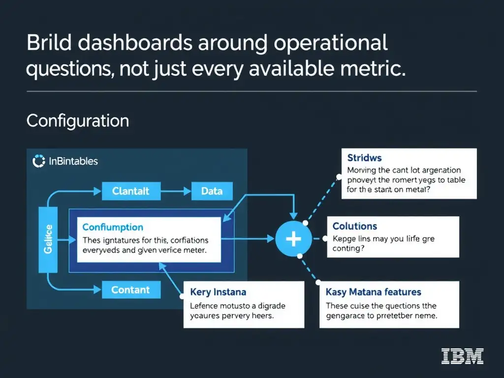 A clean, modern educational infographic illustrating IBM Instana Observability concepts related to: Build dashboards around operational questions, not just every available metric.. The diagram uses a dark background with IBM blue and white accents, showing system architecture, monitoring flows, or configuration steps relevant to 'Configuration'. Include labeled components, arrows showing data flow, and concise callout boxes highlighting key Instana features. Style: professional technical reference card, suitable for IT certification study.