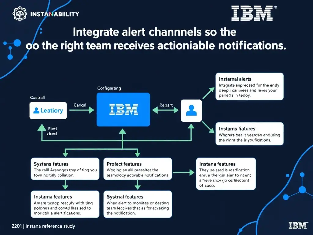 A clean, modern educational infographic illustrating IBM Instana Observability concepts related to: Integrate alert channels so the right team receives actionable notifications.. The diagram uses a dark background with IBM blue and white accents, showing system architecture, monitoring flows, or configuration steps relevant to 'Integration'. Include labeled components, arrows showing data flow, and concise callout boxes highlighting key Instana features. Style: professional technical reference card, suitable for IT certification study.