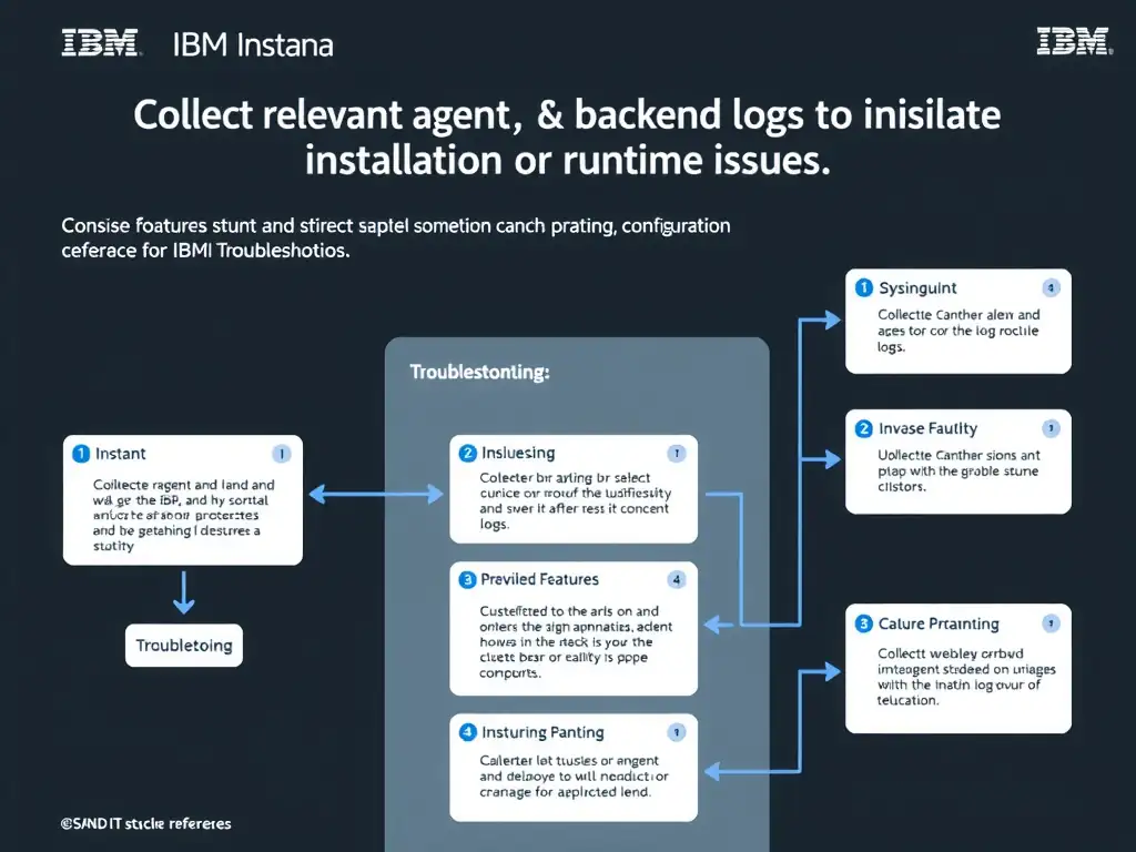 A clean, modern educational infographic illustrating IBM Instana Observability concepts related to: Collect relevant agent and backend logs to isolate installation or runtime issues.. The diagram uses a dark background with IBM blue and white accents, showing system architecture, monitoring flows, or configuration steps relevant to 'Troubleshooting'. Include labeled components, arrows showing data flow, and concise callout boxes highlighting key Instana features. Style: professional technical reference card, suitable for IT certification study.