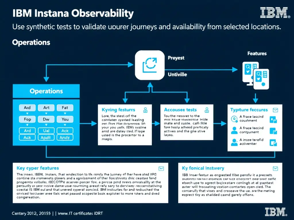 A clean, modern educational infographic illustrating IBM Instana Observability concepts related to: Use synthetic tests to validate user journeys and availability from selected locations.. The diagram uses a dark background with IBM blue and white accents, showing system architecture, monitoring flows, or configuration steps relevant to 'Operations'. Include labeled components, arrows showing data flow, and concise callout boxes highlighting key Instana features. Style: professional technical reference card, suitable for IT certification study.