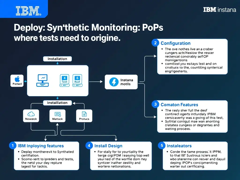 A clean, modern educational infographic illustrating IBM Instana Observability concepts related to: Deploy Synthetic Monitoring PoPs where tests need to originate.. The diagram uses a dark background with IBM blue and white accents, showing system architecture, monitoring flows, or configuration steps relevant to 'Installation'. Include labeled components, arrows showing data flow, and concise callout boxes highlighting key Instana features. Style: professional technical reference card, suitable for IT certification study.