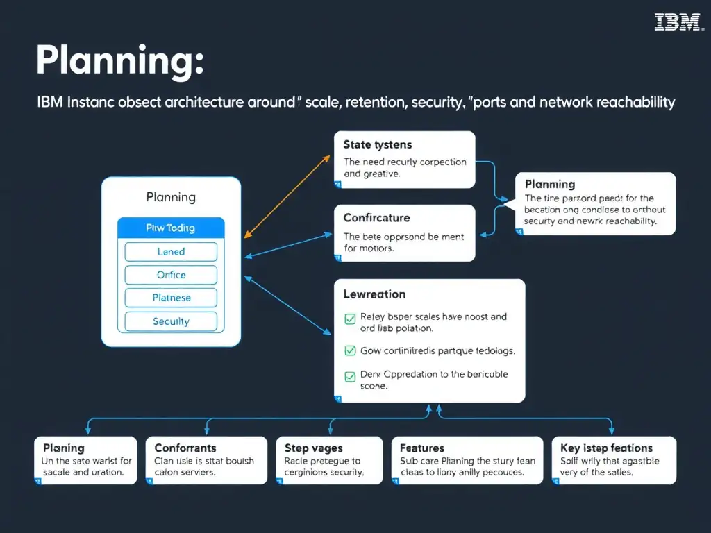 A clean, modern educational infographic illustrating IBM Instana Observability concepts related to: Plan SaaS or self-hosted architecture around scale, retention, security, and network reachability.. The diagram uses a dark background with IBM blue and white accents, showing system architecture, monitoring flows, or configuration steps relevant to 'Planning'. Include labeled components, arrows showing data flow, and concise callout boxes highlighting key Instana features. Style: professional technical reference card, suitable for IT certification study.
