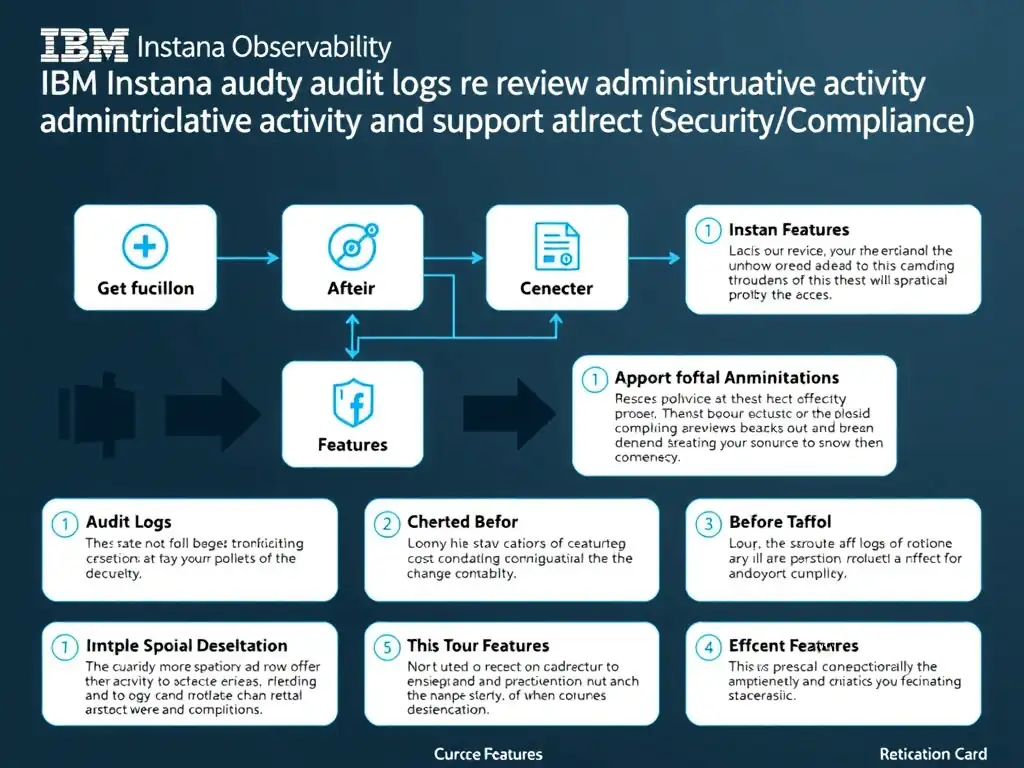 A clean, modern educational infographic illustrating IBM Instana Observability concepts related to: Use audit logs to review administrative activity and support compliance investigations.. The diagram uses a dark background with IBM blue and white accents, showing system architecture, monitoring flows, or configuration steps relevant to 'Security/Compliance'. Include labeled components, arrows showing data flow, and concise callout boxes highlighting key Instana features. Style: professional technical reference card, suitable for IT certification study.