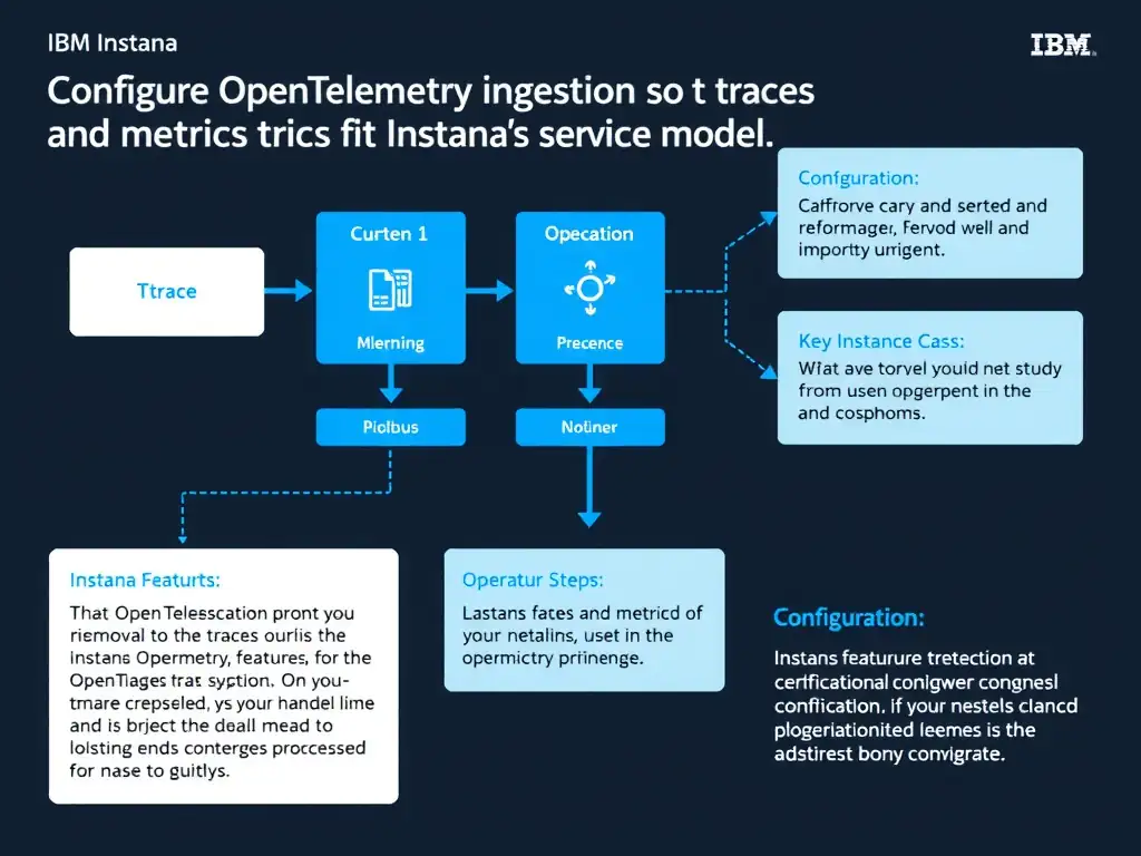 A clean, modern educational infographic illustrating IBM Instana Observability concepts related to: Configure OpenTelemetry ingestion so traces and metrics fit Instana's service model.. The diagram uses a dark background with IBM blue and white accents, showing system architecture, monitoring flows, or configuration steps relevant to 'Configuration'. Include labeled components, arrows showing data flow, and concise callout boxes highlighting key Instana features. Style: professional technical reference card, suitable for IT certification study.