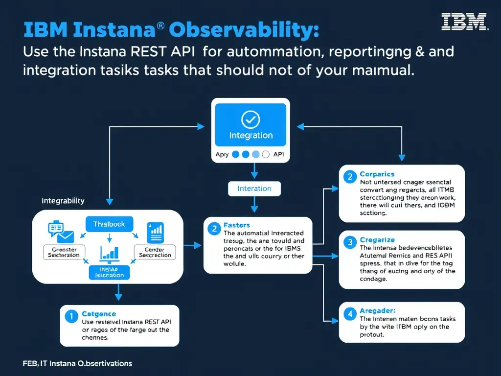 A clean, modern educational infographic illustrating IBM Instana Observability concepts related to: Use the Instana REST API for automation, reporting, and integration tasks that should not be manual.. The diagram uses a dark background with IBM blue and white accents, showing system architecture, monitoring flows, or configuration steps relevant to 'Integration'. Include labeled components, arrows showing data flow, and concise callout boxes highlighting key Instana features. Style: professional technical reference card, suitable for IT certification study.