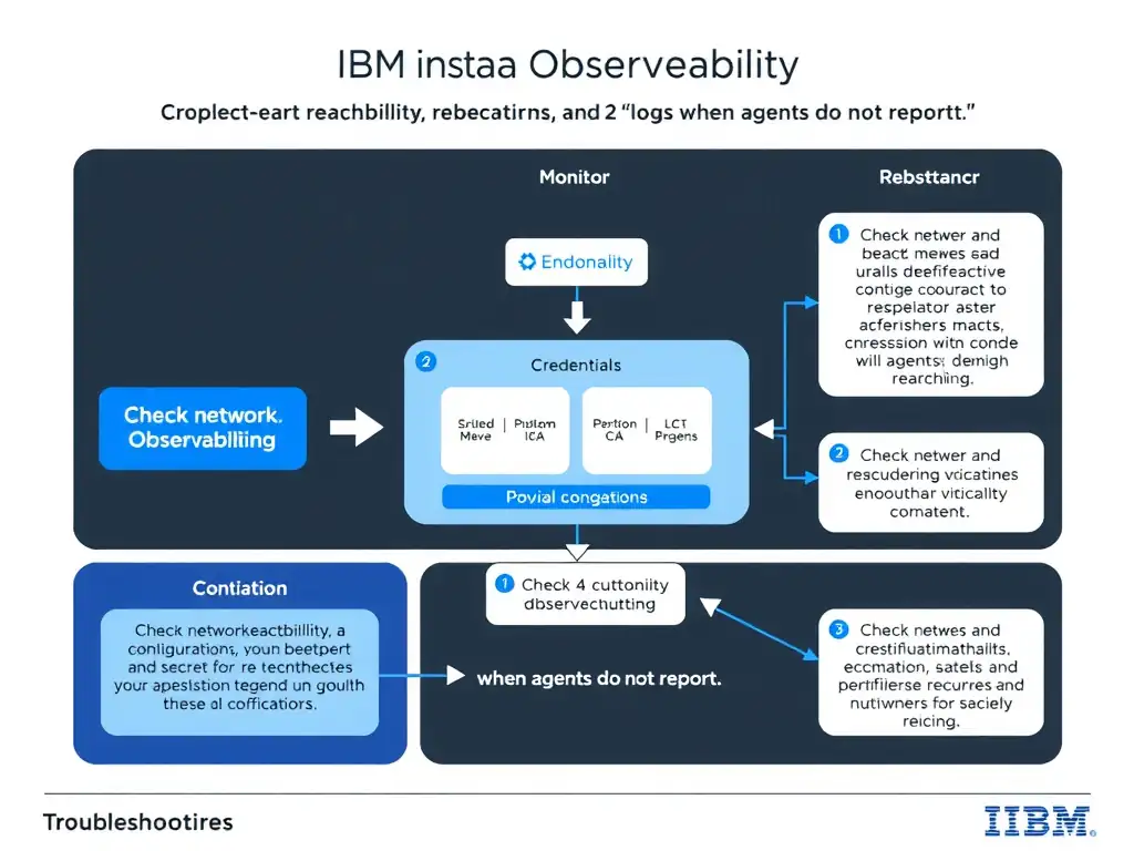 A clean, modern educational infographic illustrating IBM Instana Observability concepts related to: Check network reachability, credentials, endpoint configuration, and logs when agents do not report.. The diagram uses a dark background with IBM blue and white accents, showing system architecture, monitoring flows, or configuration steps relevant to 'Troubleshooting'. Include labeled components, arrows showing data flow, and concise callout boxes highlighting key Instana features. Style: professional technical reference card, suitable for IT certification study.