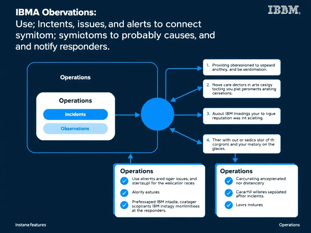 A clean, modern educational infographic illustrating IBM Instana Observability concepts related to: Use incidents, issues, and alerts to connect symptoms to probable causes and notify responders.. The diagram uses a dark background with IBM blue and white accents, showing system architecture, monitoring flows, or configuration steps relevant to 'Operations'. Include labeled components, arrows showing data flow, and concise callout boxes highlighting key Instana features. Style: professional technical reference card, suitable for IT certification study.
