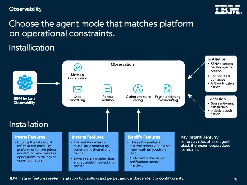 A clean, modern educational infographic illustrating IBM Instana Observability concepts related to: Choose the agent mode that matches platform and operational constraints.. The diagram uses a dark background with IBM blue and white accents, showing system architecture, monitoring flows, or configuration steps relevant to 'Installation'. Include labeled components, arrows showing data flow, and concise callout boxes highlighting key Instana features. Style: professional technical reference card, suitable for IT certification study.