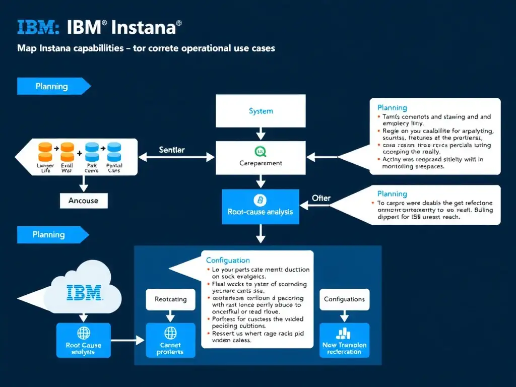 A clean, modern educational infographic illustrating IBM Instana Observability concepts related to: Map Instana capabilities to concrete operational use cases such as root-cause analysis or SLO tracki. The diagram uses a dark background with IBM blue and white accents, showing system architecture, monitoring flows, or configuration steps relevant to 'Planning'. Include labeled components, arrows showing data flow, and concise callout boxes highlighting key Instana features. Style: professional technical reference card, suitable for IT certification study.