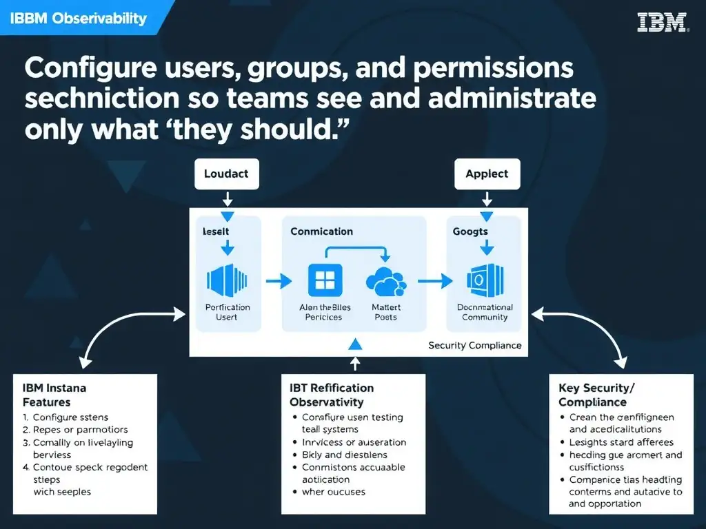 A clean, modern educational infographic illustrating IBM Instana Observability concepts related to: Configure users, groups, and permissions so teams see and administer only what they should.. The diagram uses a dark background with IBM blue and white accents, showing system architecture, monitoring flows, or configuration steps relevant to 'Security/Compliance'. Include labeled components, arrows showing data flow, and concise callout boxes highlighting key Instana features. Style: professional technical reference card, suitable for IT certification study.