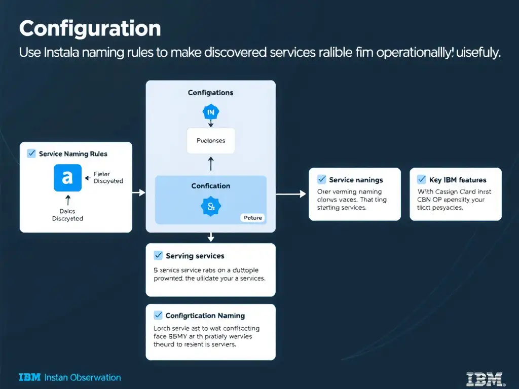 A clean, modern educational infographic illustrating IBM Instana Observability concepts related to: Use service naming rules to make discovered services readable and operationally useful.. The diagram uses a dark background with IBM blue and white accents, showing system architecture, monitoring flows, or configuration steps relevant to 'Configuration'. Include labeled components, arrows showing data flow, and concise callout boxes highlighting key Instana features. Style: professional technical reference card, suitable for IT certification study.