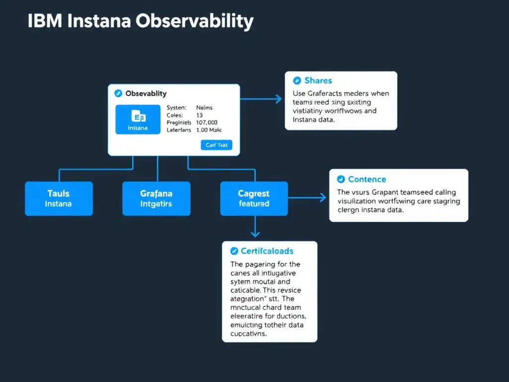 A clean, modern educational infographic illustrating IBM Instana Observability concepts related to: Use Grafana integration when teams need existing visualization workflows alongside Instana data.. The diagram uses a dark background with IBM blue and white accents, showing system architecture, monitoring flows, or configuration steps relevant to 'Integration'. Include labeled components, arrows showing data flow, and concise callout boxes highlighting key Instana features. Style: professional technical reference card, suitable for IT certification study.