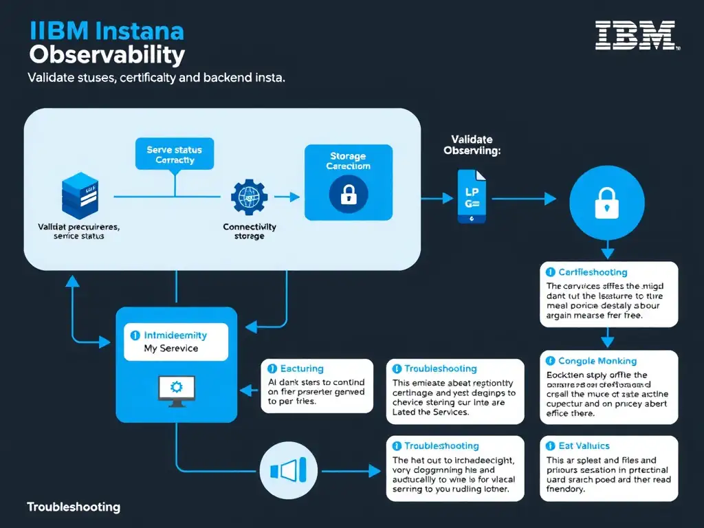 A clean, modern educational infographic illustrating IBM Instana Observability concepts related to: Validate prerequisites, service status, storage, certificates, and connectivity during backend insta. The diagram uses a dark background with IBM blue and white accents, showing system architecture, monitoring flows, or configuration steps relevant to 'Troubleshooting'. Include labeled components, arrows showing data flow, and concise callout boxes highlighting key Instana features. Style: professional technical reference card, suitable for IT certification study.