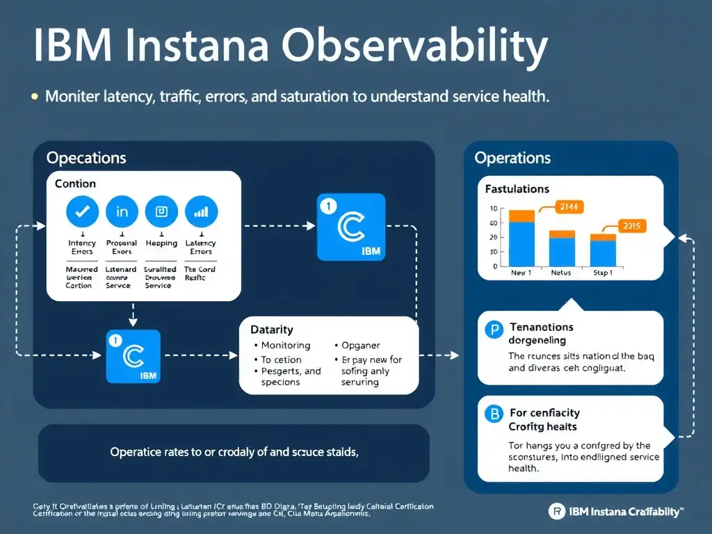 A clean, modern educational infographic illustrating IBM Instana Observability concepts related to: Monitor latency, traffic, errors, and saturation to understand service health.. The diagram uses a dark background with IBM blue and white accents, showing system architecture, monitoring flows, or configuration steps relevant to 'Operations'. Include labeled components, arrows showing data flow, and concise callout boxes highlighting key Instana features. Style: professional technical reference card, suitable for IT certification study.