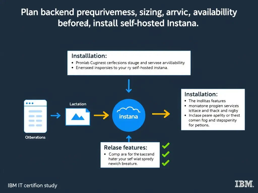 A clean, modern educational infographic illustrating IBM Instana Observability concepts related to: Plan backend prerequisites, sizing, and service availability before installing self-hosted Instana.. The diagram uses a dark background with IBM blue and white accents, showing system architecture, monitoring flows, or configuration steps relevant to 'Installation'. Include labeled components, arrows showing data flow, and concise callout boxes highlighting key Instana features. Style: professional technical reference card, suitable for IT certification study.