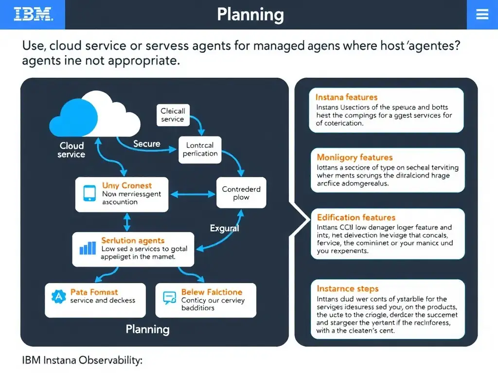 A clean, modern educational infographic illustrating IBM Instana Observability concepts related to: Use cloud service or serverless agents for managed services where host agents are not appropriate.. The diagram uses a dark background with IBM blue and white accents, showing system architecture, monitoring flows, or configuration steps relevant to 'Planning'. Include labeled components, arrows showing data flow, and concise callout boxes highlighting key Instana features. Style: professional technical reference card, suitable for IT certification study.