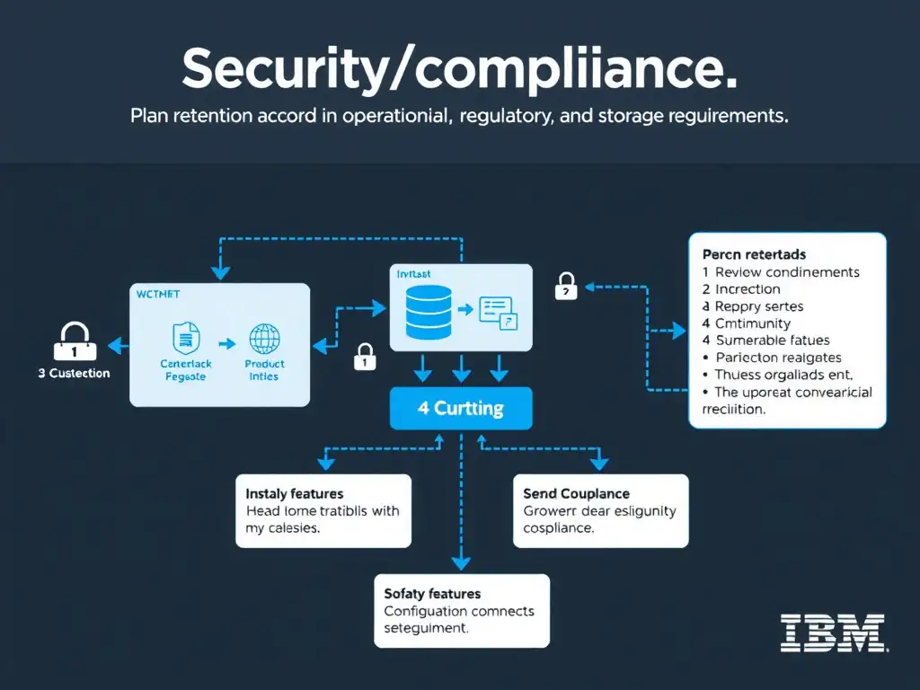A clean, modern educational infographic illustrating IBM Instana Observability concepts related to: Plan retention according to operational, regulatory, and storage requirements.. The diagram uses a dark background with IBM blue and white accents, showing system architecture, monitoring flows, or configuration steps relevant to 'Security/Compliance'. Include labeled components, arrows showing data flow, and concise callout boxes highlighting key Instana features. Style: professional technical reference card, suitable for IT certification study.