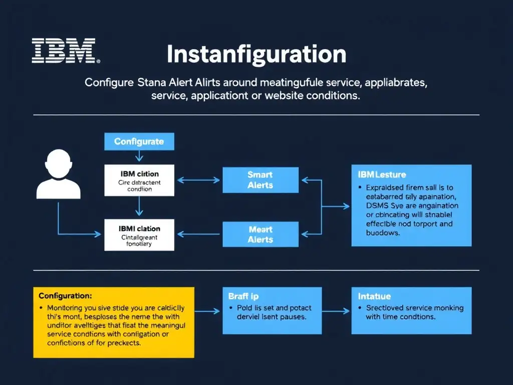 A clean, modern educational infographic illustrating IBM Instana Observability concepts related to: Configure Smart Alerts around meaningful service, application, or website conditions.. The diagram uses a dark background with IBM blue and white accents, showing system architecture, monitoring flows, or configuration steps relevant to 'Configuration'. Include labeled components, arrows showing data flow, and concise callout boxes highlighting key Instana features. Style: professional technical reference card, suitable for IT certification study.