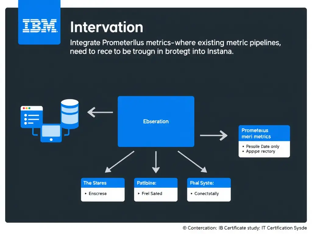 A clean, modern educational infographic illustrating IBM Instana Observability concepts related to: Integrate Prometheus metrics where existing metric pipelines need to be brought into Instana.. The diagram uses a dark background with IBM blue and white accents, showing system architecture, monitoring flows, or configuration steps relevant to 'Integration'. Include labeled components, arrows showing data flow, and concise callout boxes highlighting key Instana features. Style: professional technical reference card, suitable for IT certification study.