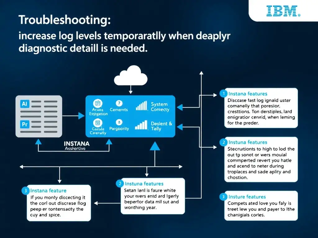 A clean, modern educational infographic illustrating IBM Instana Observability concepts related to: Increase log levels temporarily and narrowly when deeper diagnostic detail is needed.. The diagram uses a dark background with IBM blue and white accents, showing system architecture, monitoring flows, or configuration steps relevant to 'Troubleshooting'. Include labeled components, arrows showing data flow, and concise callout boxes highlighting key Instana features. Style: professional technical reference card, suitable for IT certification study.
