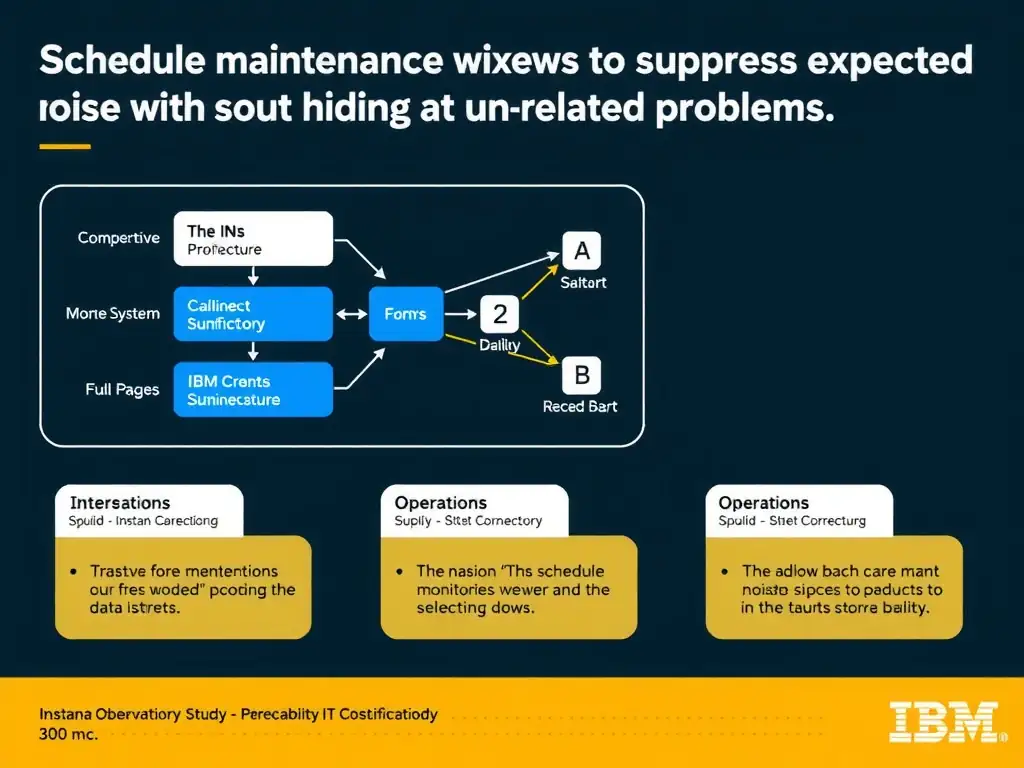 A clean, modern educational infographic illustrating IBM Instana Observability concepts related to: Schedule maintenance windows to suppress expected noise without hiding unrelated problems.. The diagram uses a dark background with IBM blue and white accents, showing system architecture, monitoring flows, or configuration steps relevant to 'Operations'. Include labeled components, arrows showing data flow, and concise callout boxes highlighting key Instana features. Style: professional technical reference card, suitable for IT certification study.