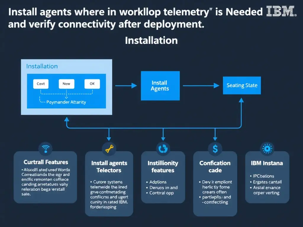 A clean, modern educational infographic illustrating IBM Instana Observability concepts related to: Install agents where workload telemetry is needed and verify connectivity after deployment.. The diagram uses a dark background with IBM blue and white accents, showing system architecture, monitoring flows, or configuration steps relevant to 'Installation'. Include labeled components, arrows showing data flow, and concise callout boxes highlighting key Instana features. Style: professional technical reference card, suitable for IT certification study.