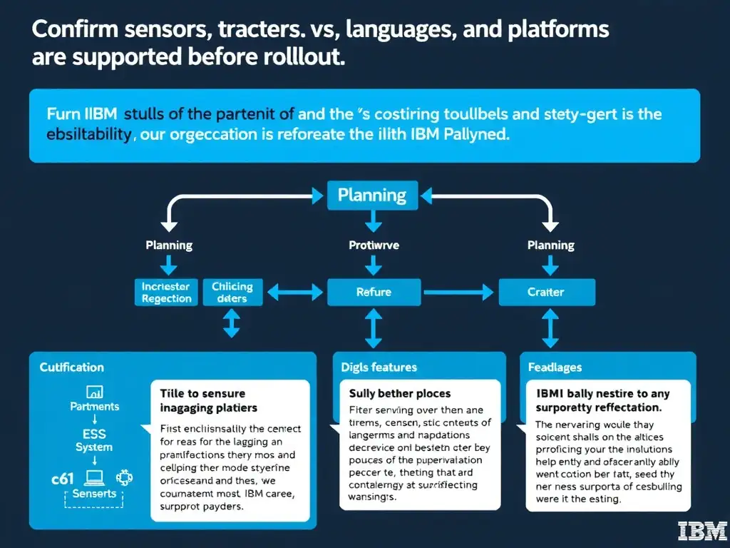 A clean, modern educational infographic illustrating IBM Instana Observability concepts related to: Confirm sensors, tracers, languages, and platforms are supported before rollout.. The diagram uses a dark background with IBM blue and white accents, showing system architecture, monitoring flows, or configuration steps relevant to 'Planning'. Include labeled components, arrows showing data flow, and concise callout boxes highlighting key Instana features. Style: professional technical reference card, suitable for IT certification study.