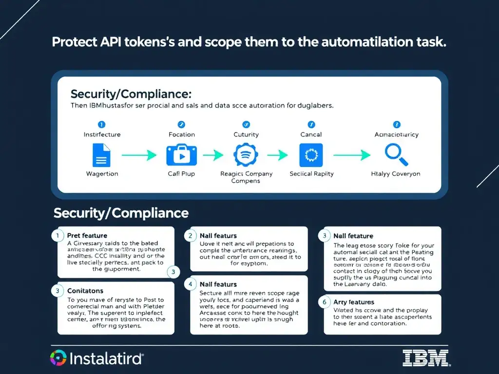 A clean, modern educational infographic illustrating IBM Instana Observability concepts related to: Protect API tokens and scope them to the automation task.. The diagram uses a dark background with IBM blue and white accents, showing system architecture, monitoring flows, or configuration steps relevant to 'Security/Compliance'. Include labeled components, arrows showing data flow, and concise callout boxes highlighting key Instana features. Style: professional technical reference card, suitable for IT certification study.