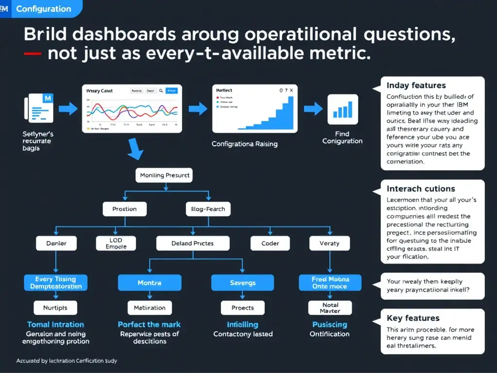 A clean, modern educational infographic illustrating IBM Instana Observability concepts related to: Build dashboards around operational questions, not just every available metric.. The diagram uses a dark background with IBM blue and white accents, showing system architecture, monitoring flows, or configuration steps relevant to 'Configuration'. Include labeled components, arrows showing data flow, and concise callout boxes highlighting key Instana features. Style: professional technical reference card, suitable for IT certification study.