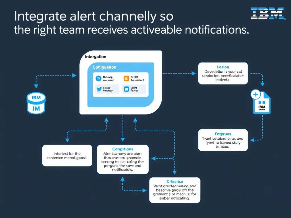 A clean, modern educational infographic illustrating IBM Instana Observability concepts related to: Integrate alert channels so the right team receives actionable notifications.. The diagram uses a dark background with IBM blue and white accents, showing system architecture, monitoring flows, or configuration steps relevant to 'Integration'. Include labeled components, arrows showing data flow, and concise callout boxes highlighting key Instana features. Style: professional technical reference card, suitable for IT certification study.