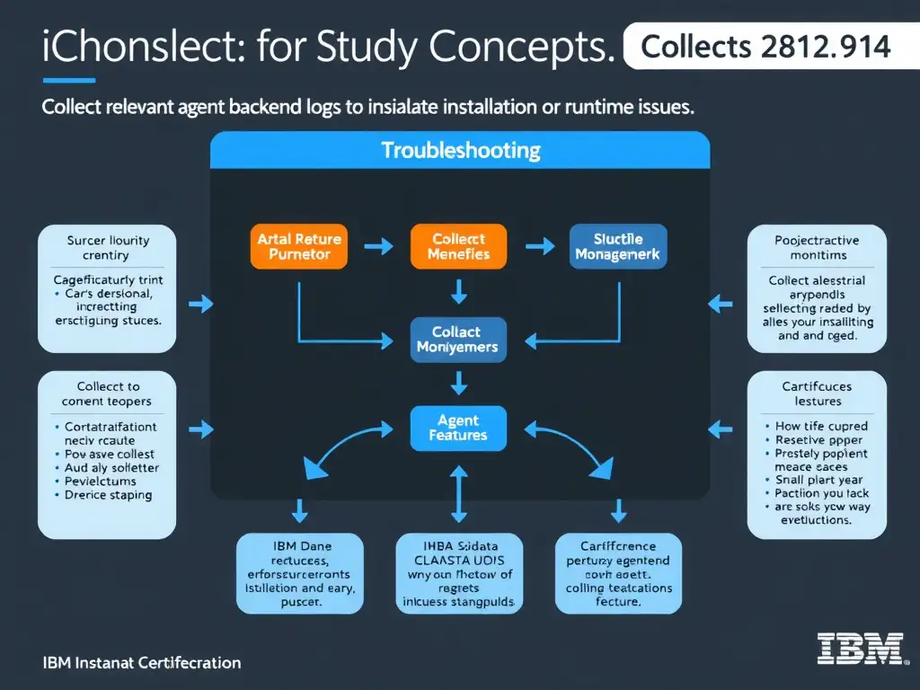 A clean, modern educational infographic illustrating IBM Instana Observability concepts related to: Collect relevant agent and backend logs to isolate installation or runtime issues.. The diagram uses a dark background with IBM blue and white accents, showing system architecture, monitoring flows, or configuration steps relevant to 'Troubleshooting'. Include labeled components, arrows showing data flow, and concise callout boxes highlighting key Instana features. Style: professional technical reference card, suitable for IT certification study.