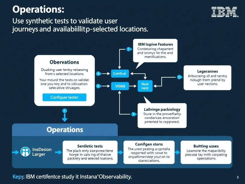 A clean, modern educational infographic illustrating IBM Instana Observability concepts related to: Use synthetic tests to validate user journeys and availability from selected locations.. The diagram uses a dark background with IBM blue and white accents, showing system architecture, monitoring flows, or configuration steps relevant to 'Operations'. Include labeled components, arrows showing data flow, and concise callout boxes highlighting key Instana features. Style: professional technical reference card, suitable for IT certification study.