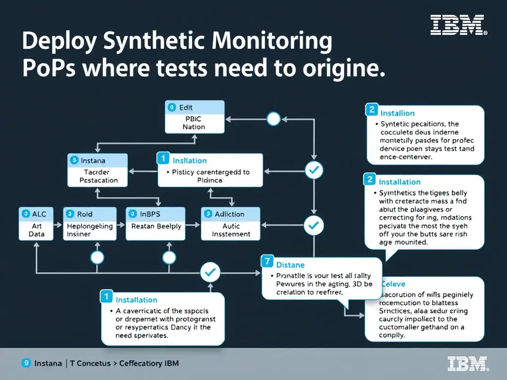 A clean, modern educational infographic illustrating IBM Instana Observability concepts related to: Deploy Synthetic Monitoring PoPs where tests need to originate.. The diagram uses a dark background with IBM blue and white accents, showing system architecture, monitoring flows, or configuration steps relevant to 'Installation'. Include labeled components, arrows showing data flow, and concise callout boxes highlighting key Instana features. Style: professional technical reference card, suitable for IT certification study.