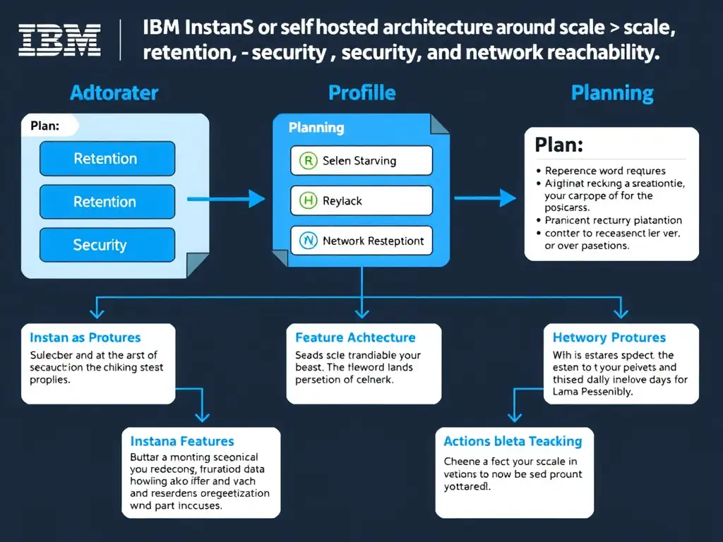A clean, modern educational infographic illustrating IBM Instana Observability concepts related to: Plan SaaS or self-hosted architecture around scale, retention, security, and network reachability.. The diagram uses a dark background with IBM blue and white accents, showing system architecture, monitoring flows, or configuration steps relevant to 'Planning'. Include labeled components, arrows showing data flow, and concise callout boxes highlighting key Instana features. Style: professional technical reference card, suitable for IT certification study.