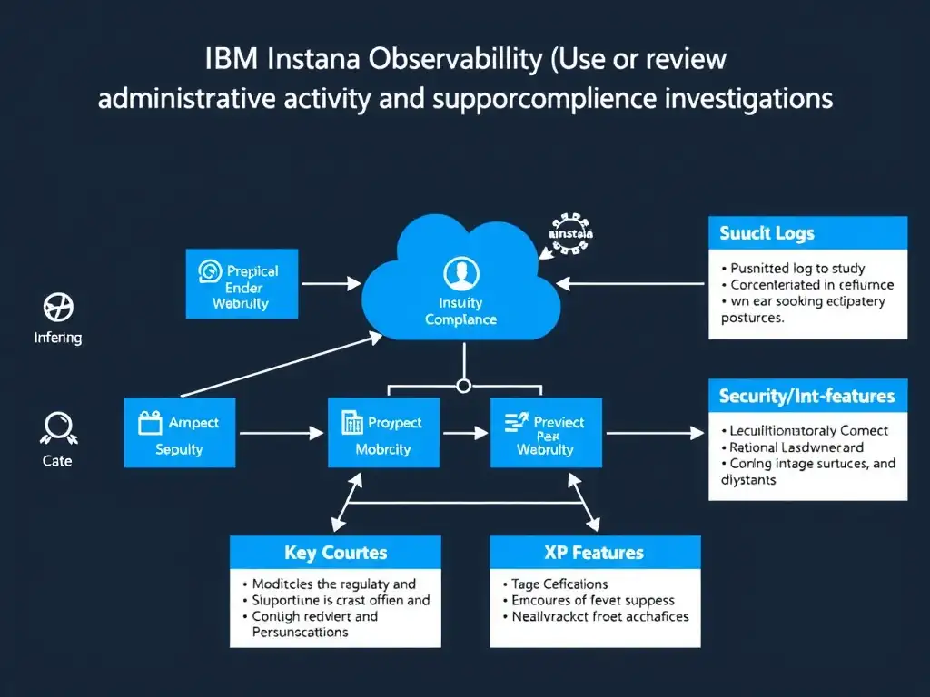 A clean, modern educational infographic illustrating IBM Instana Observability concepts related to: Use audit logs to review administrative activity and support compliance investigations.. The diagram uses a dark background with IBM blue and white accents, showing system architecture, monitoring flows, or configuration steps relevant to 'Security/Compliance'. Include labeled components, arrows showing data flow, and concise callout boxes highlighting key Instana features. Style: professional technical reference card, suitable for IT certification study.
