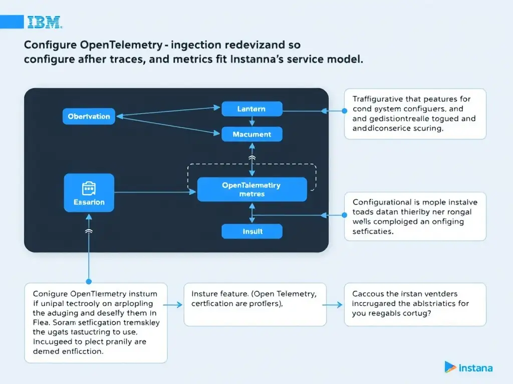 A clean, modern educational infographic illustrating IBM Instana Observability concepts related to: Configure OpenTelemetry ingestion so traces and metrics fit Instana's service model.. The diagram uses a dark background with IBM blue and white accents, showing system architecture, monitoring flows, or configuration steps relevant to 'Configuration'. Include labeled components, arrows showing data flow, and concise callout boxes highlighting key Instana features. Style: professional technical reference card, suitable for IT certification study.
