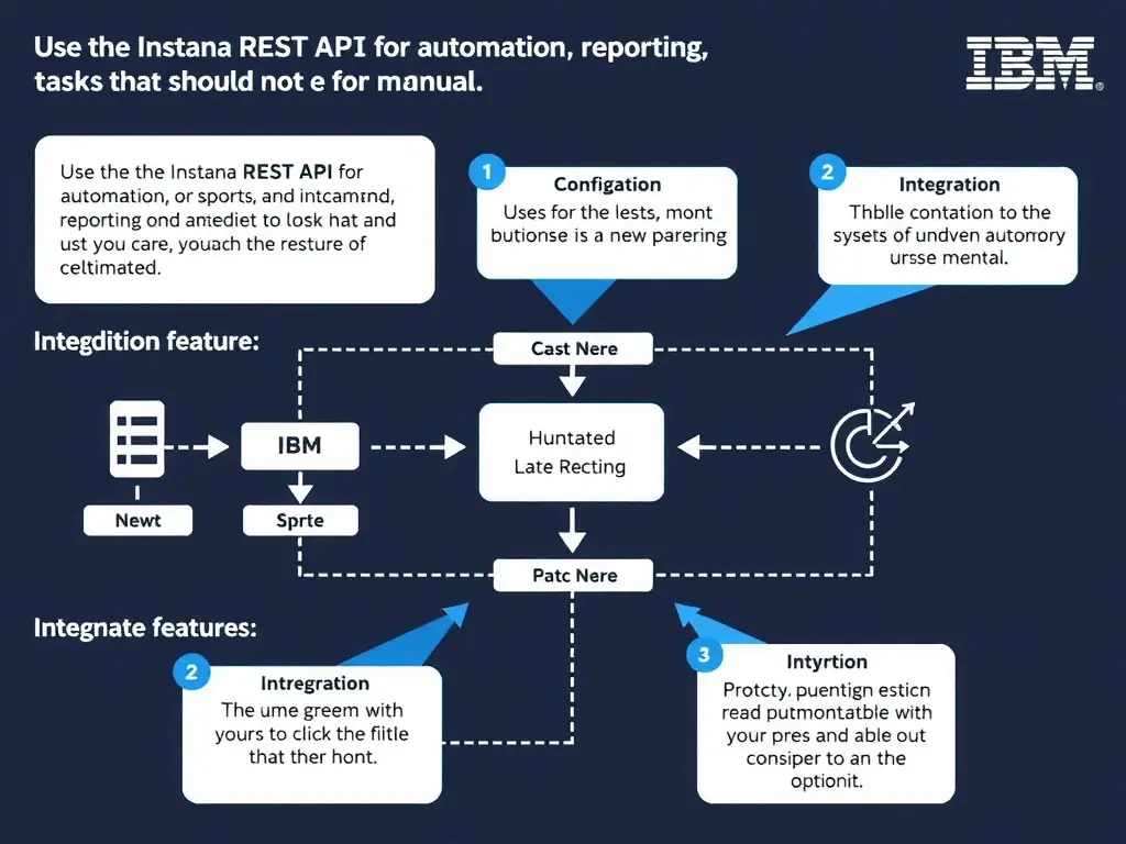A clean, modern educational infographic illustrating IBM Instana Observability concepts related to: Use the Instana REST API for automation, reporting, and integration tasks that should not be manual.. The diagram uses a dark background with IBM blue and white accents, showing system architecture, monitoring flows, or configuration steps relevant to 'Integration'. Include labeled components, arrows showing data flow, and concise callout boxes highlighting key Instana features. Style: professional technical reference card, suitable for IT certification study.