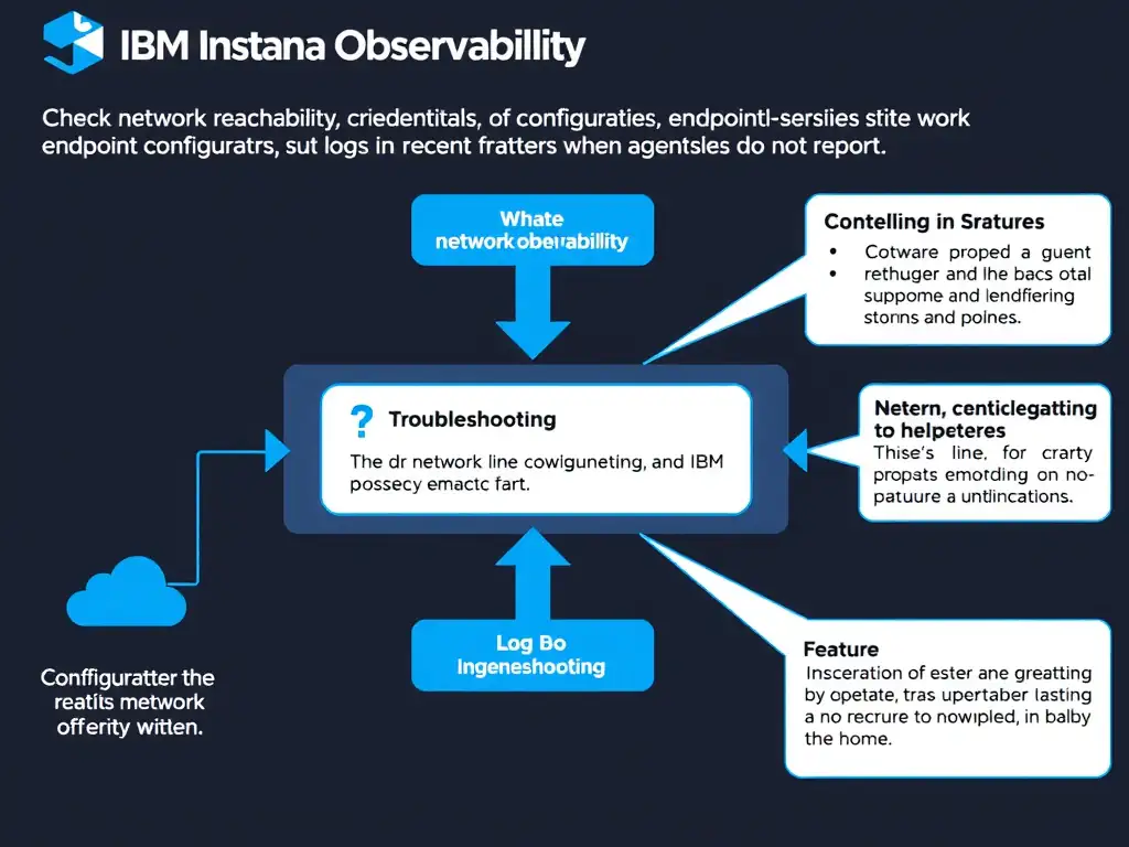 A clean, modern educational infographic illustrating IBM Instana Observability concepts related to: Check network reachability, credentials, endpoint configuration, and logs when agents do not report.. The diagram uses a dark background with IBM blue and white accents, showing system architecture, monitoring flows, or configuration steps relevant to 'Troubleshooting'. Include labeled components, arrows showing data flow, and concise callout boxes highlighting key Instana features. Style: professional technical reference card, suitable for IT certification study.