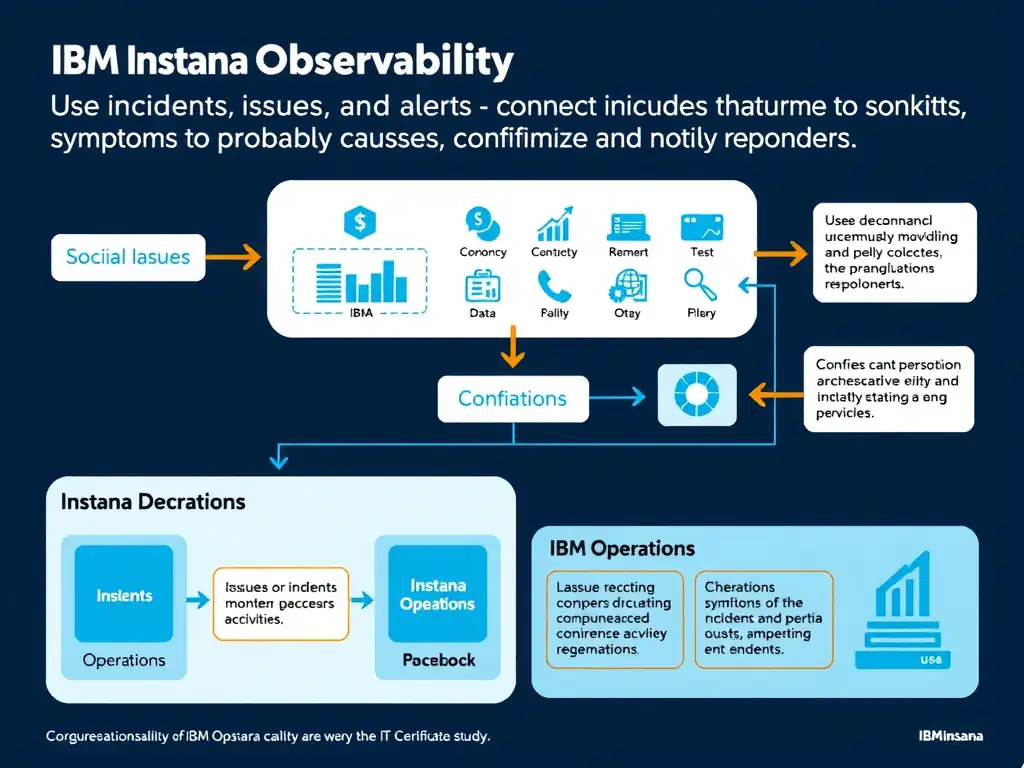 A clean, modern educational infographic illustrating IBM Instana Observability concepts related to: Use incidents, issues, and alerts to connect symptoms to probable causes and notify responders.. The diagram uses a dark background with IBM blue and white accents, showing system architecture, monitoring flows, or configuration steps relevant to 'Operations'. Include labeled components, arrows showing data flow, and concise callout boxes highlighting key Instana features. Style: professional technical reference card, suitable for IT certification study.