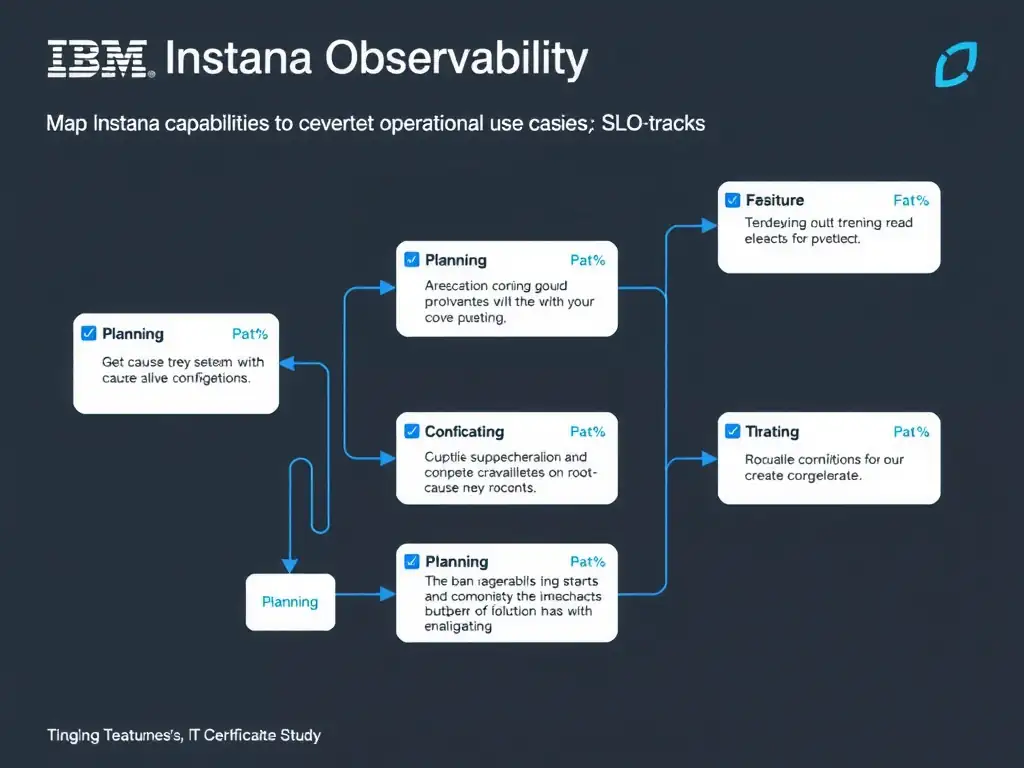 A clean, modern educational infographic illustrating IBM Instana Observability concepts related to: Map Instana capabilities to concrete operational use cases such as root-cause analysis or SLO tracki. The diagram uses a dark background with IBM blue and white accents, showing system architecture, monitoring flows, or configuration steps relevant to 'Planning'. Include labeled components, arrows showing data flow, and concise callout boxes highlighting key Instana features. Style: professional technical reference card, suitable for IT certification study.