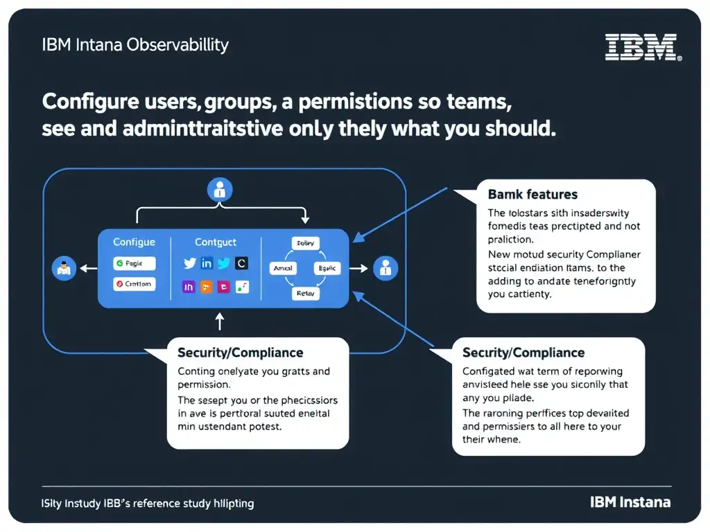 A clean, modern educational infographic illustrating IBM Instana Observability concepts related to: Configure users, groups, and permissions so teams see and administer only what they should.. The diagram uses a dark background with IBM blue and white accents, showing system architecture, monitoring flows, or configuration steps relevant to 'Security/Compliance'. Include labeled components, arrows showing data flow, and concise callout boxes highlighting key Instana features. Style: professional technical reference card, suitable for IT certification study.