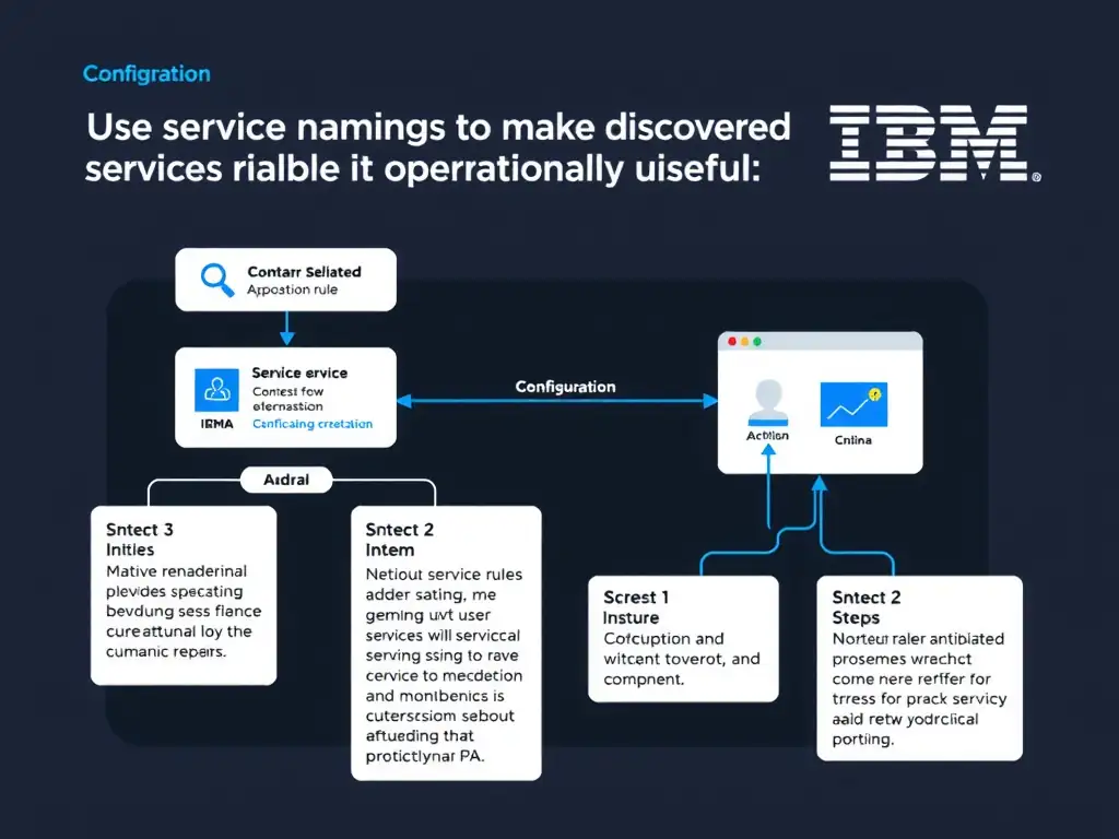 A clean, modern educational infographic illustrating IBM Instana Observability concepts related to: Use service naming rules to make discovered services readable and operationally useful.. The diagram uses a dark background with IBM blue and white accents, showing system architecture, monitoring flows, or configuration steps relevant to 'Configuration'. Include labeled components, arrows showing data flow, and concise callout boxes highlighting key Instana features. Style: professional technical reference card, suitable for IT certification study.
