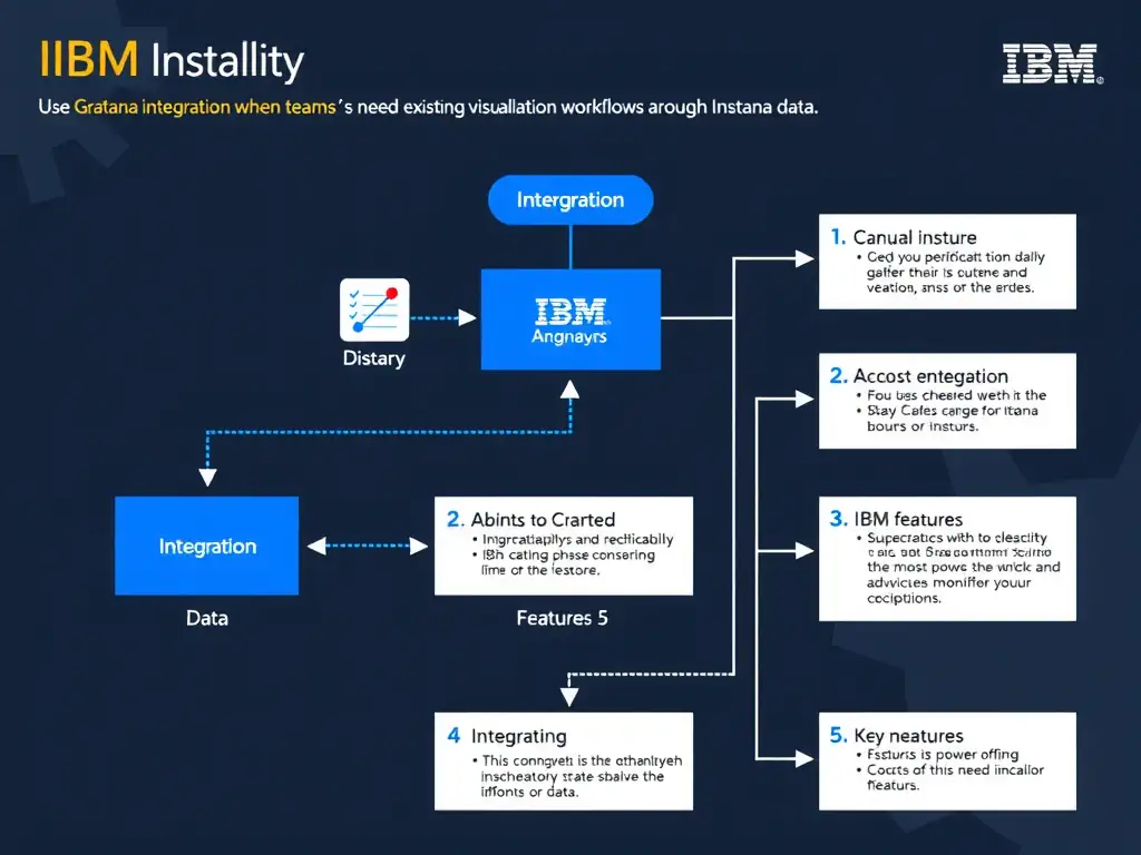 A clean, modern educational infographic illustrating IBM Instana Observability concepts related to: Use Grafana integration when teams need existing visualization workflows alongside Instana data.. The diagram uses a dark background with IBM blue and white accents, showing system architecture, monitoring flows, or configuration steps relevant to 'Integration'. Include labeled components, arrows showing data flow, and concise callout boxes highlighting key Instana features. Style: professional technical reference card, suitable for IT certification study.