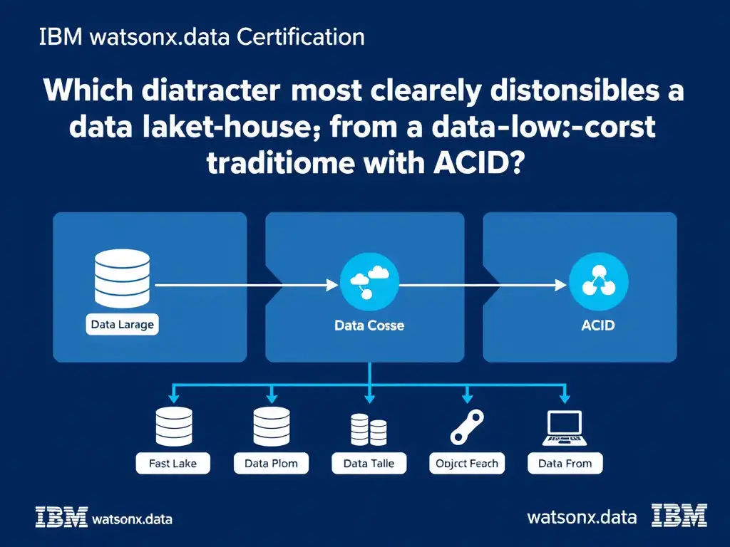 Educational infographic for IBM watsonx.data certification showing 'Which characteristic most clearly distinguishes a data lakehouse from a traditio'. Illustrate the concept of 'A data lakehouse combines low-cost object storage with ACID ' with a clean technical diagram, data flow arrows, and labeled components on a dark blue background with IBM styling.