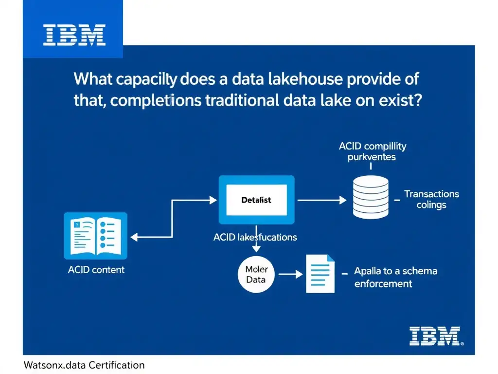 Educational infographic for IBM watsonx.data certification showing 'What capability does a data lakehouse provide that a traditional data lake typic'. Illustrate the concept of 'ACID-compliant transactions with schema enforcement on exist' with a clean technical diagram, data flow arrows, and labeled components on a dark blue background with IBM styling.