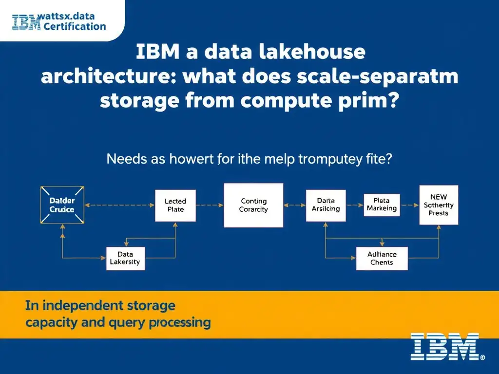 Educational infographic for IBM watsonx.data certification showing 'In a data lakehouse architecture; what does separating storage from compute prim'. Illustrate the concept of 'Independent scaling of storage capacity and query processing' with a clean technical diagram, data flow arrows, and labeled components on a dark blue background with IBM styling.