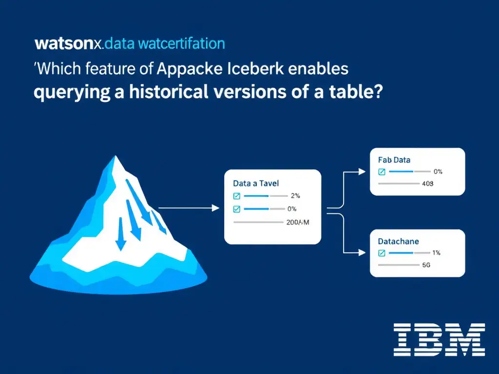 Educational infographic for IBM watsonx.data certification showing 'Which feature of Apache Iceberg enables querying historical versions of a table '. Illustrate the concept of 'Time travel using snapshot metadata' with a clean technical diagram, data flow arrows, and labeled components on a dark blue background with IBM styling.